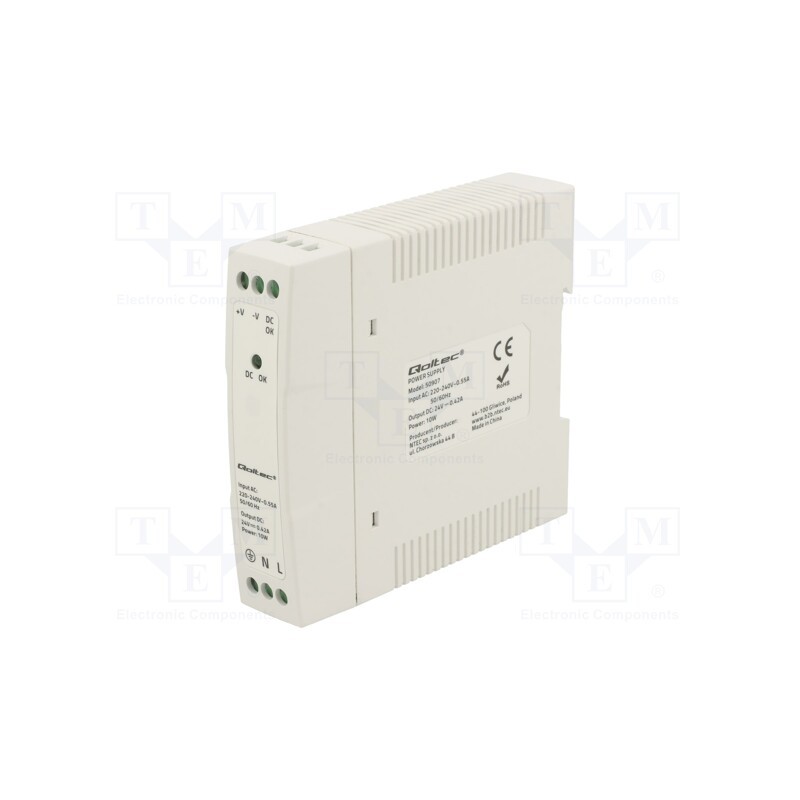 1 pcs x QOLTEC - 50907 - Power supply: switched-mode, for DIN rail, 10W, 24VDC, 0.42A, IP20
