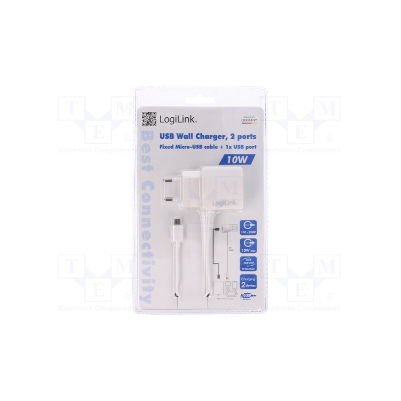 1 pcs x LOGILINK - PA0146W - Power supply: switched-mode, plug, 5VDC, 2A, Out: USB, 76x42x25mm