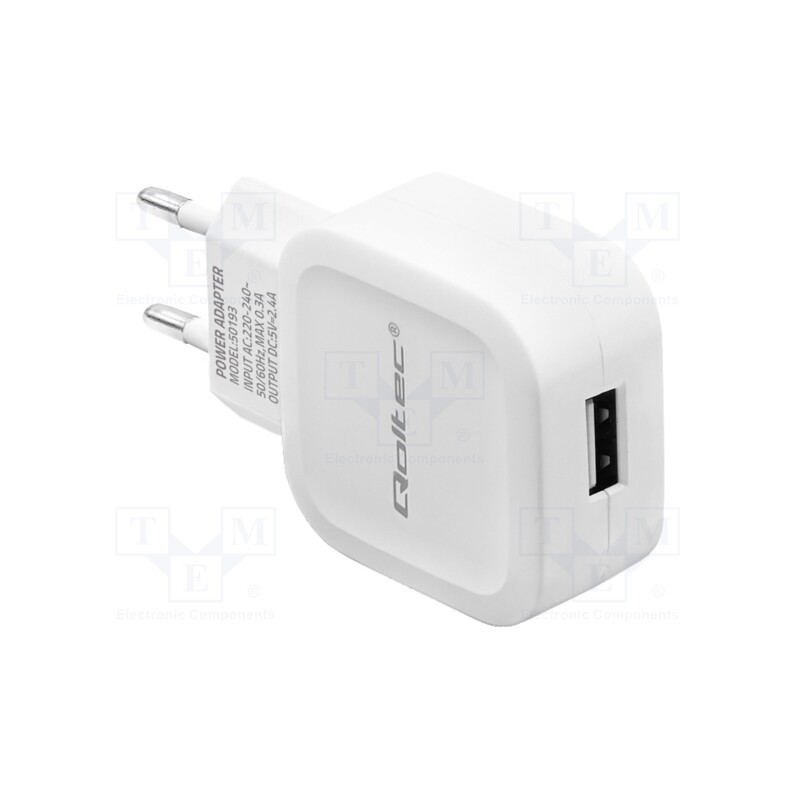 1 pcs x QOLTEC - 50193 - Power supply: switched-mode, plug,charger, 5VDC, 2.4A, 12W, white
