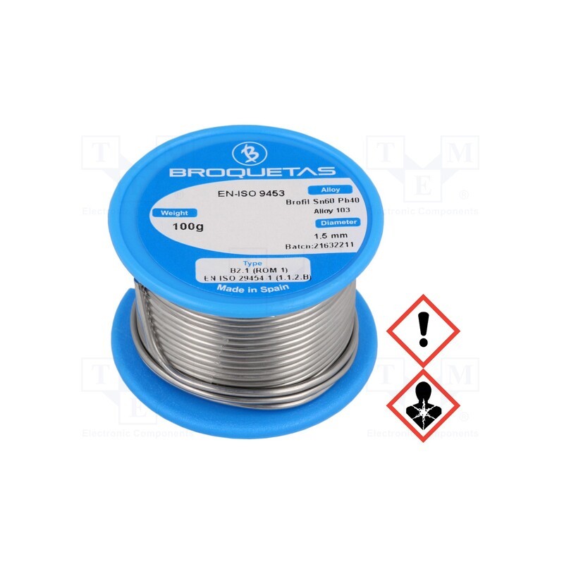 1 pcs x BROQUETAS - BROFIL 60 B2.1 1.5MM 100G - Soldering wire, Sn60Pb40, 1.5mm, 0.1kg, lead-based, reel