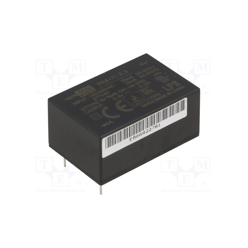 1 pcs x MEAN WELL - IRM-01-3.3 - Converter: AC/DC, 1W, 85÷305VAC, Usup: 120÷430VDC, Uout: 3.3VDC