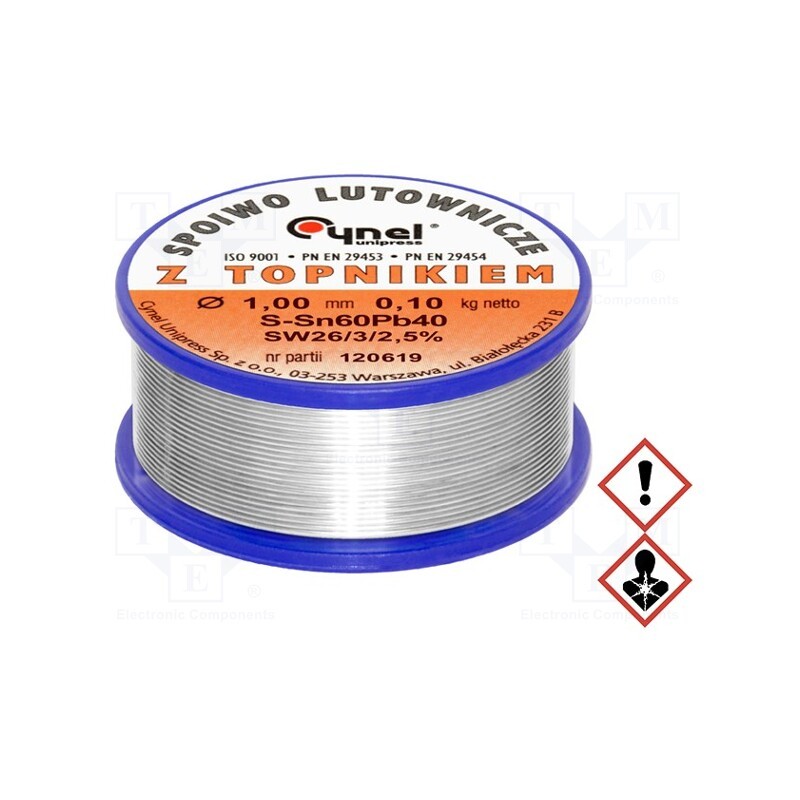 1 pcs x CYNEL - SN60PB40-SW26/2.5% Ø 1.00 100 G - Soldering wire, Sn60Pb40, 1mm, 0.1kg, lead-based, reel, 190°C, 2.5%
