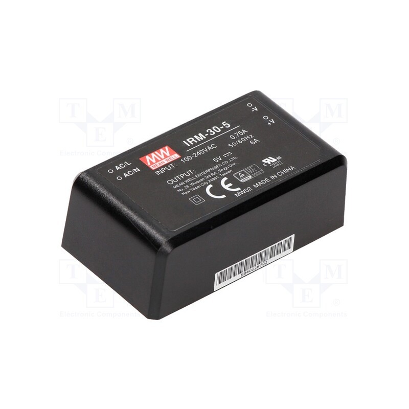1 pcs x MEAN WELL - IRM-30-5 - Converter: AC/DC, 30W, 85÷264VAC, 5VDC, Iout: 6000mA, OUT: 1, 83%, PCB
