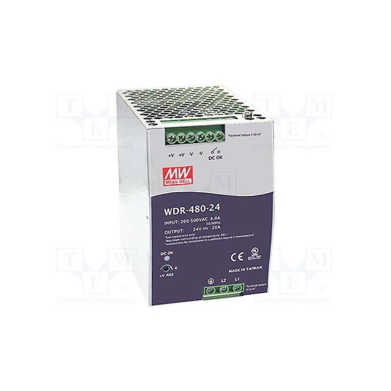 1 pcs x MEAN WELL - WDR-480-24 - Power supply: switched-mode, for DIN rail, 480W, 24VDC, 20A, OUT: 1