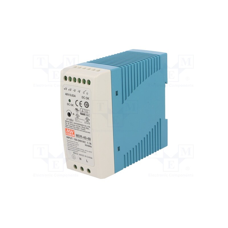 1 pcs x MEAN WELL - MDR-40-48 - Power supply: switched-mode, for DIN rail, 40W, 48VDC, 0.83A, 88%
