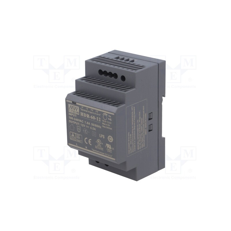 1 pcs x MEAN WELL - HDR-60-12 - Power supply: switched-mode, for DIN rail, 54W, 12VDC, 4.5A, OUT: 1