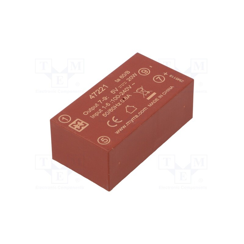 1 pcs x MYRRA - 47221 - Converter: AC/DC, 20W, 85÷265VAC, Usup: 120÷370VDC, Uout: 5VDC, 82%