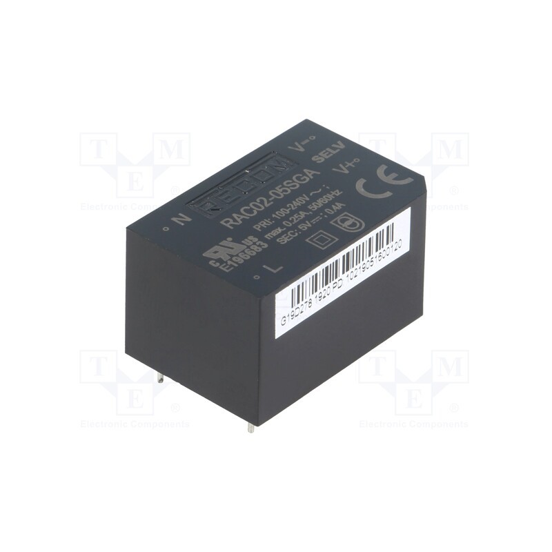 1 pcs x RECOM - RAC02-05SGA - Converter: AC/DC, 2W, 85÷264VAC, 5VDC, Iout: 400mA, 63%, PCB, 3000V