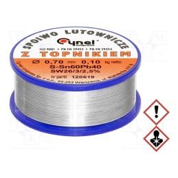1 pcs x CYNEL - SN60PB40-SW26/2.5% Ø 0.70 100 G - Soldering wire, Sn60Pb40, 0.7mm, 0.1kg, lead-based, reel, 190°C