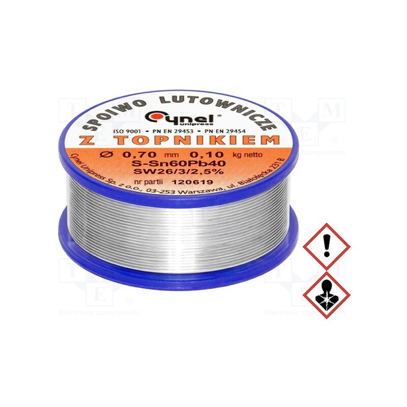 1 pcs x CYNEL - SN60PB40-SW26/2.5% Ø 0.70 100 G - Soldering wire, Sn60Pb40, 0.7mm, 0.1kg, lead-based, reel, 190°C