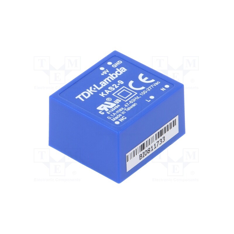 1 pcs x TDK-LAMBDA - KAS2-9 - Converter: AC/DC, 2W, 90÷305VAC, Usup: 120÷430VDC, Uout: 9VDC, 73%