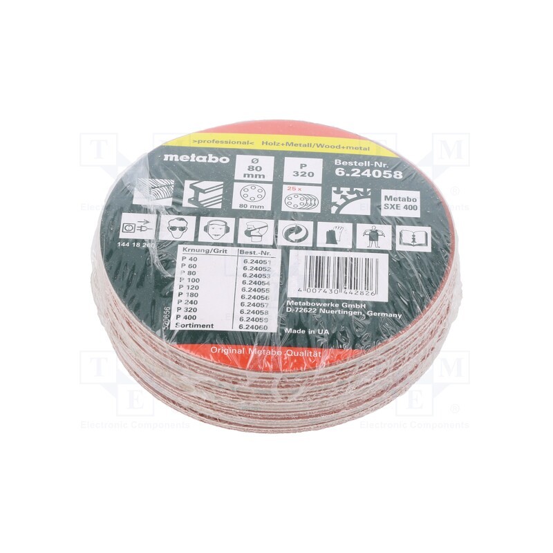 1 set x METABO - 624058000 - Sandpaper, Ø: 80mm, Granularity: 320, Mounting: self-adhesive