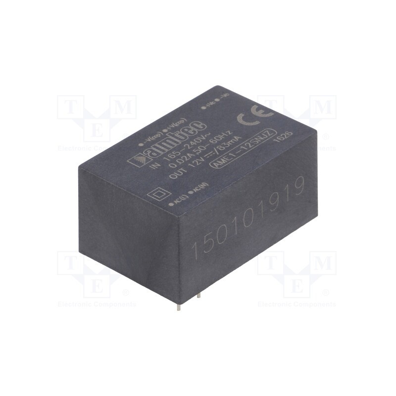 1 pcs x AIMTEC - AME1-12SNJZ - Converter: AC/DC, 1W, 165÷264VAC, Usup: 233÷370VDC, Uout: 12VDC