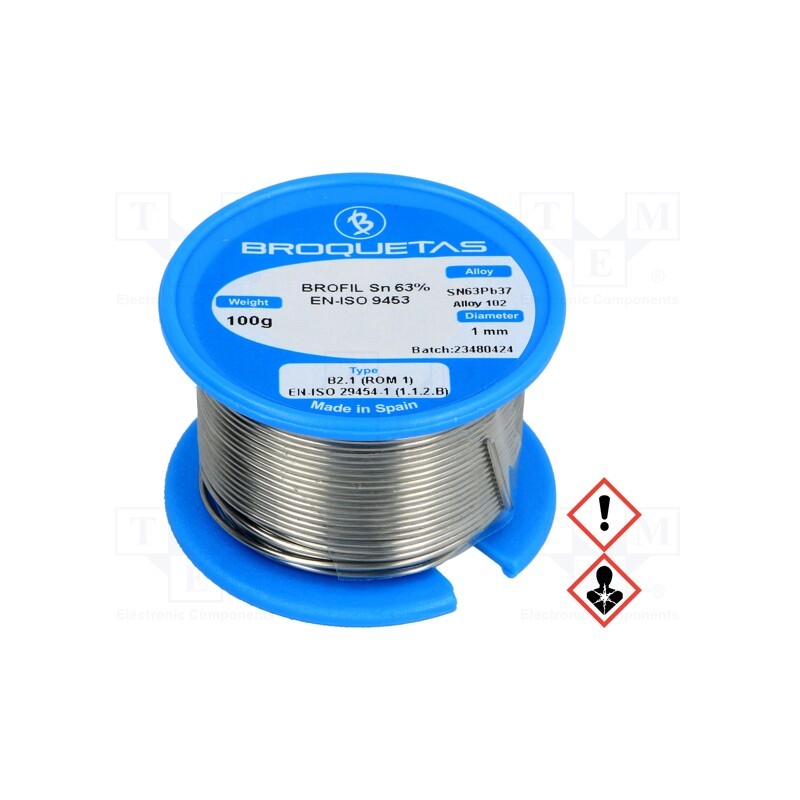 1 pcs x BROQUETAS - BROFIL 63 B2.1 1.0MM 100G - Soldering wire, Sn63Pb37, 1mm, 100g, lead-based, reel, 183°C