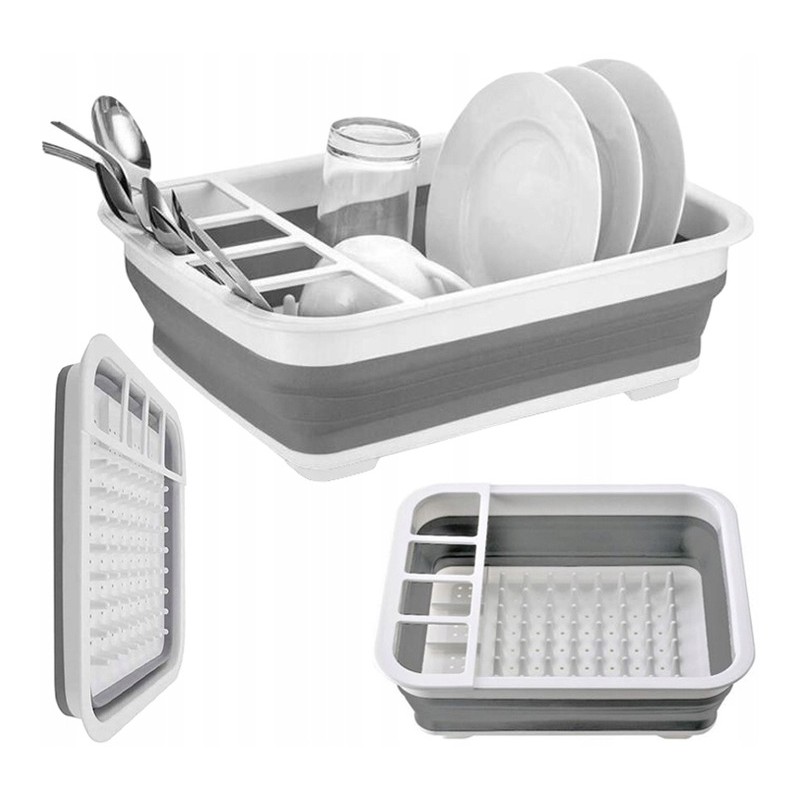 Foldable silicone dish dryer with drainer for plates, glasses and cutlery
