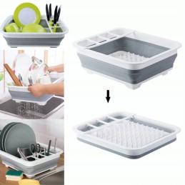 Foldable silicone dish dryer with drainer for plates, glasses and cutlery