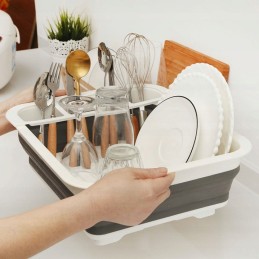 Foldable silicone dish dryer with drainer for plates, glasses and cutlery