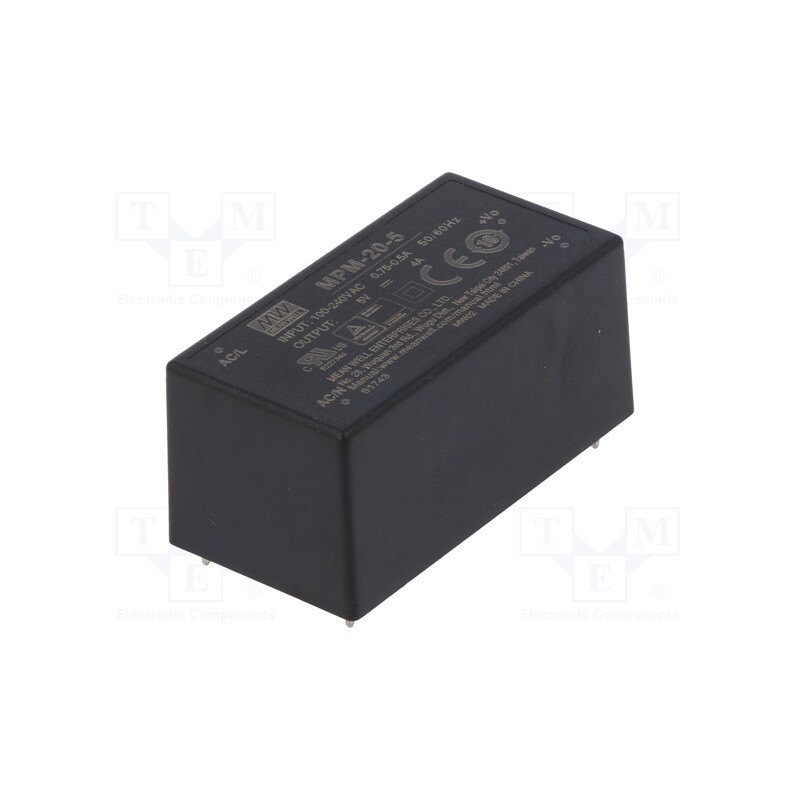 1 pcs x MEAN WELL - MPM-20-5 - Converter: AC/DC, 20W, 80÷264VAC, 5VDC, Iout: 4A, OUT: 1, 85%, PCB