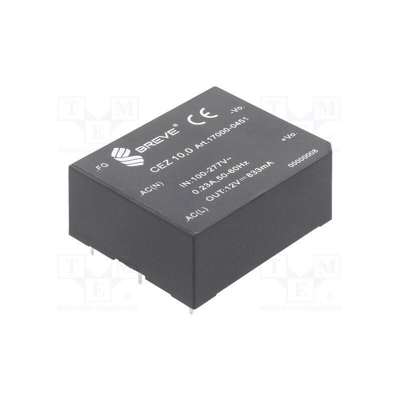 1 pcs x BREVE TUFVASSONS - 17000-0451 - Converter: AC/DC, 10W, 85÷265VAC, Usup: 120÷380VDC, Uout: 12VDC
