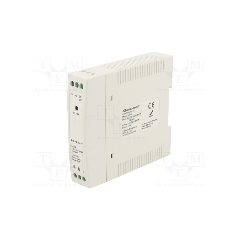 1 pcs x QOLTEC - 50906 - Power supply: switched-mode, for DIN rail, 10W, 12VDC, 0.83A, IP20