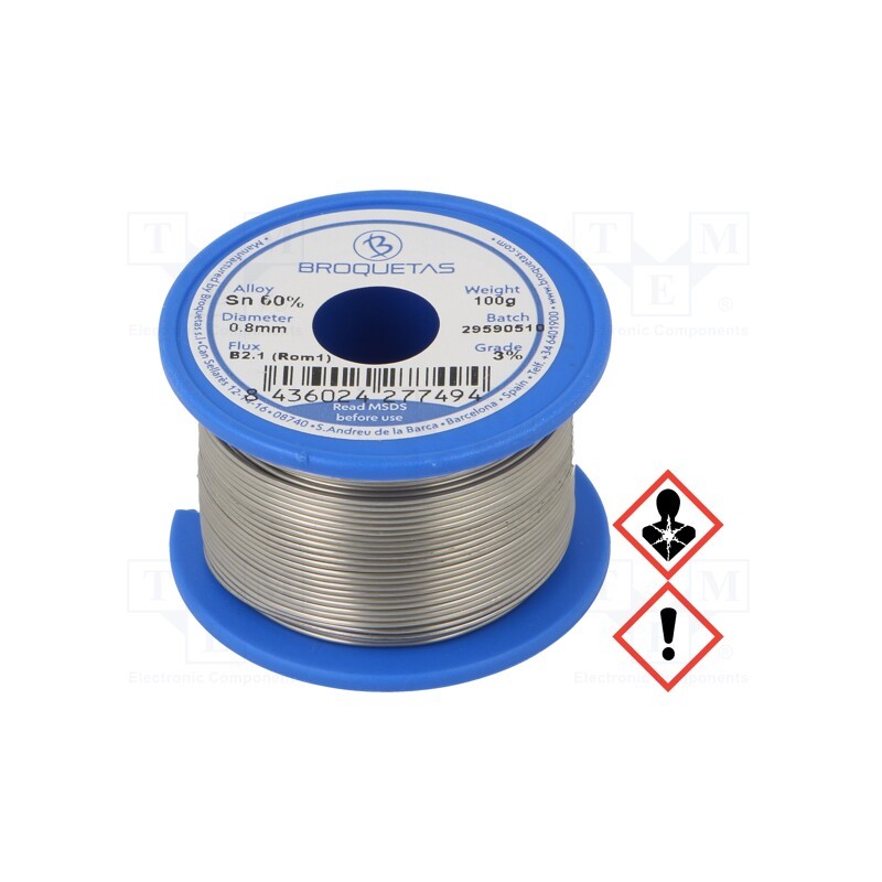 1 pcs x BROQUETAS - BROFIL 60 B2.1 0,8 MM 100 G - Soldering wire, Sn60Pb40, 0.8mm, 0.1kg, lead-based, reel