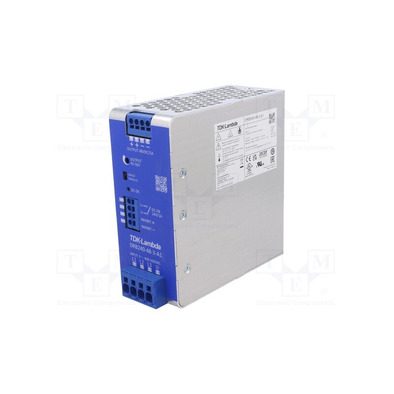 1 pcs x TDK-LAMBDA - DRB240-48-3-A1 - Power supply: switched-mode, for DIN rail, 240W, 48VDC, 5A, 92÷94%