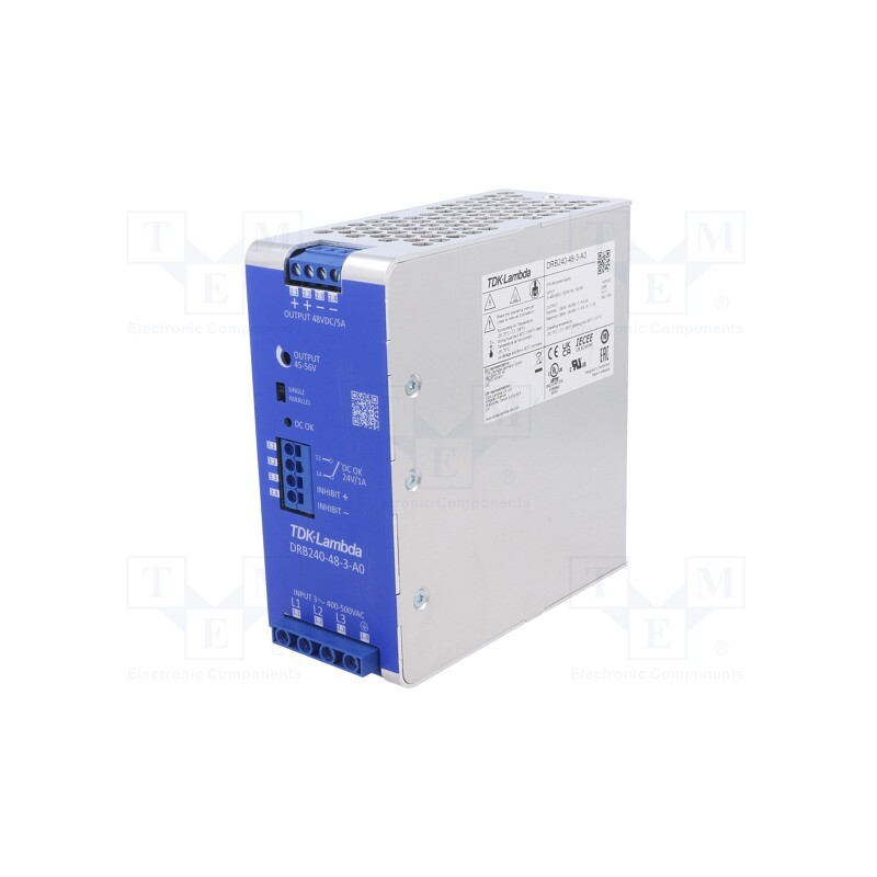 1 pcs x TDK-LAMBDA - DRB240-48-3-A0 - Power supply: switched-mode, for DIN rail, 240W, 48VDC, 5A, 92÷94%