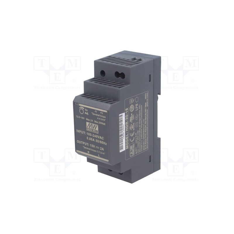 1 pcs x MEAN WELL - HDR-30-15 - Power supply: switched-mode, for DIN rail, 30W, 15VDC, 2A, OUT: 1