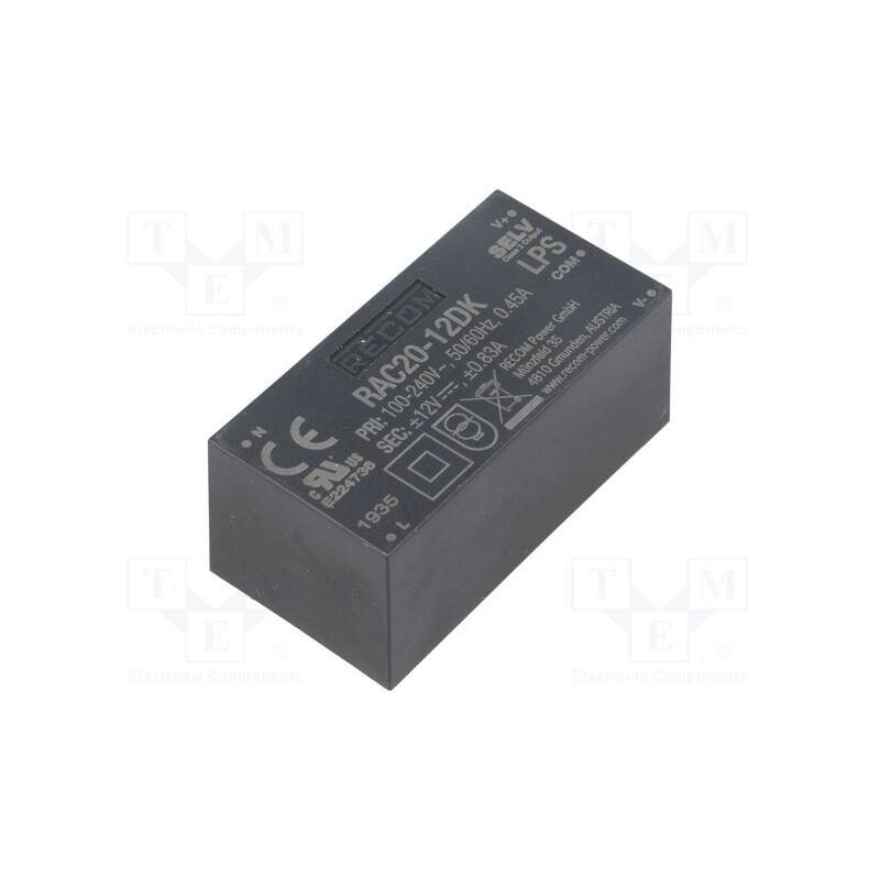 1 pcs x RECOM - RAC20-12DK - Converter: AC/DC, 20W, 85÷264VAC, Usup: 120÷370VDC, Uout: 12VDC