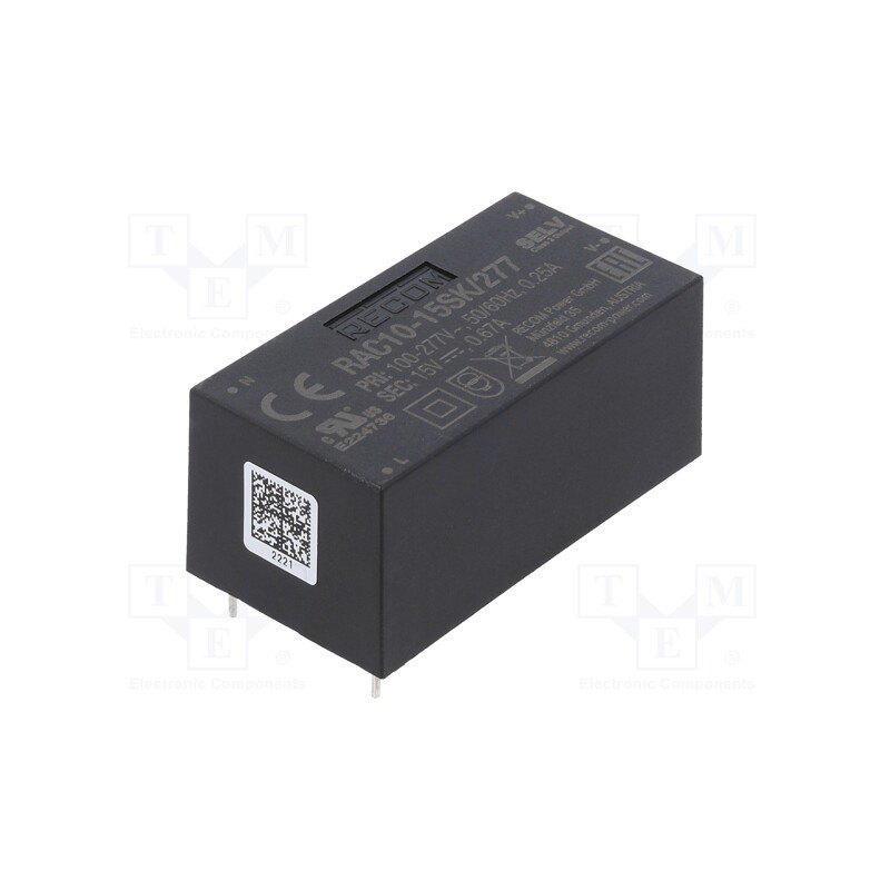 1 pcs x RECOM - RAC10-15SK/277 - Converter: AC/DC, 10W, 85÷305VAC, Usup: 120÷430VDC, Uout: 15VDC