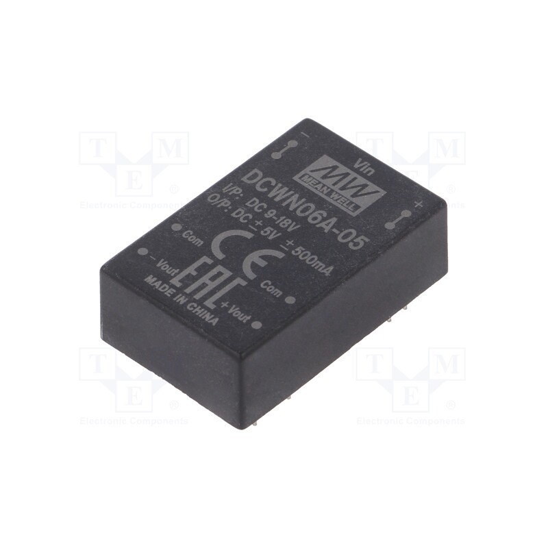 1 pcs x MEAN WELL - DCWN06A-05 - Converter: DC/DC, 6W, Uin: 9÷18V, Uout: 5VDC, Uout2: -5VDC, DIP24
