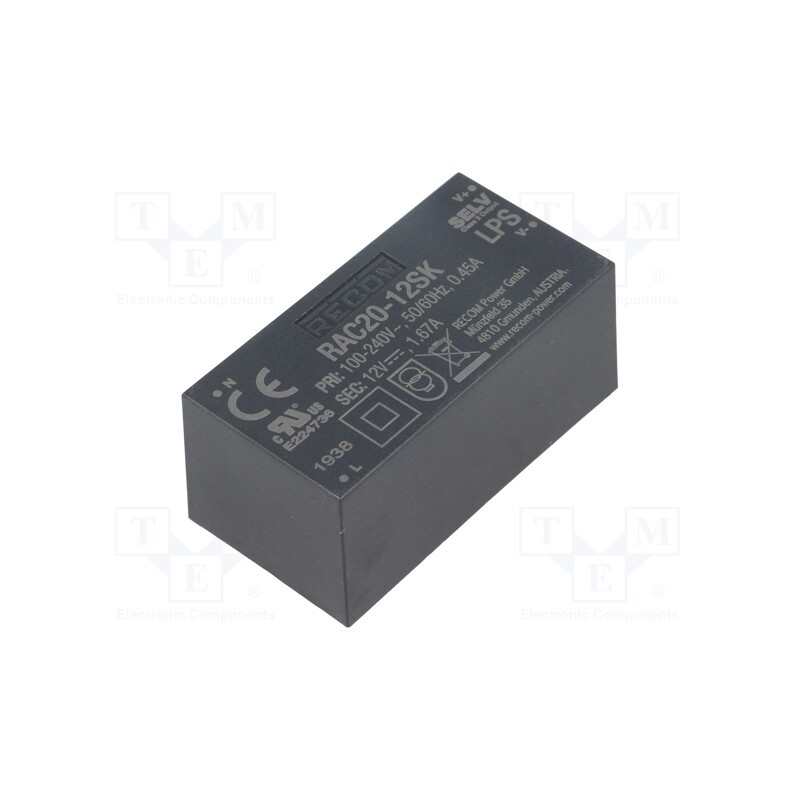 1 pcs x RECOM - RAC20-12SK - Converter: AC/DC, 20W, 85÷264VAC, Usup: 120÷370VDC, Uout: 12VDC