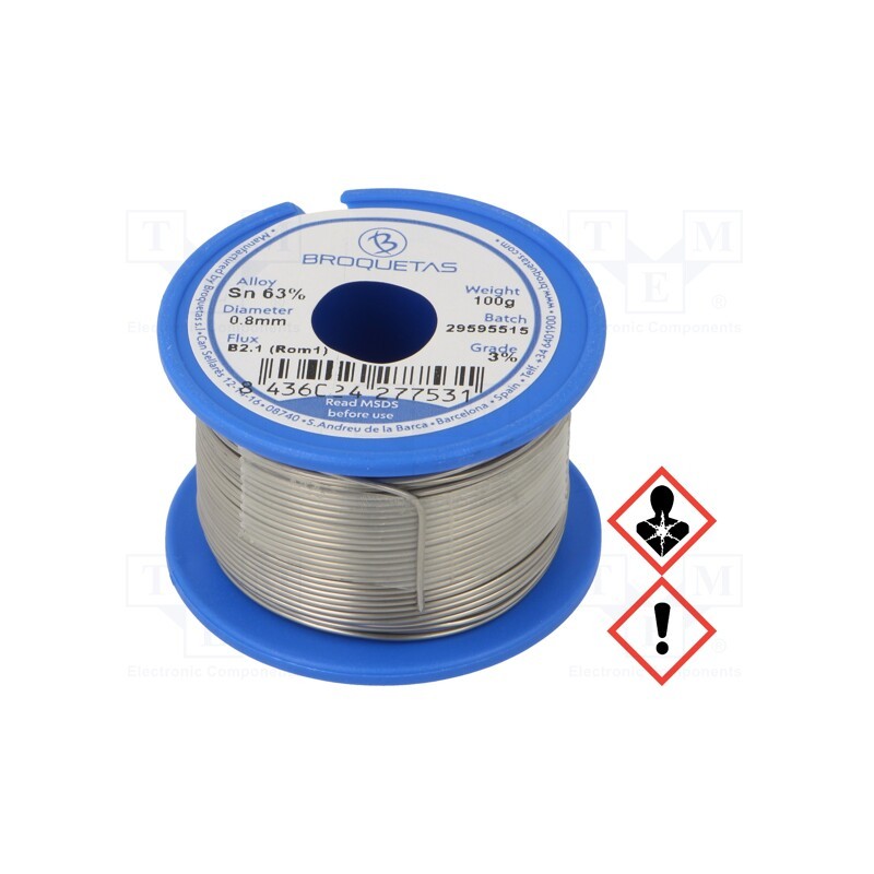 1 pcs x BROQUETAS - BROFIL 63 B2.1 0.8MM 100G - Soldering wire, Sn63Pb37, 0.8mm, 100g, lead-based, reel, 183°C