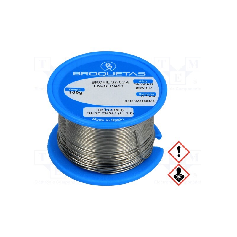 1 pcs x BROQUETAS - BROFIL 63 B2.1 0.7MM 100G - Soldering wire, Sn63Pb37, 0.7mm, 100g, lead-based, reel, 183°C