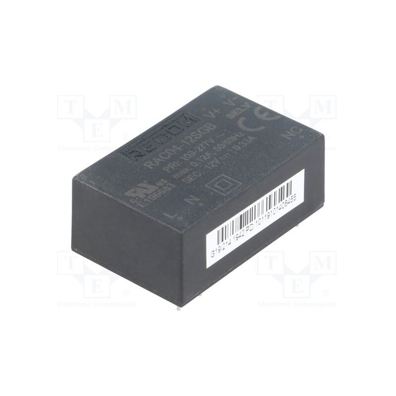 1 pcs x RECOM - RAC04-12SGB - Converter: AC/DC, 4W, 85÷305VAC, Usup: 120÷430VDC, Uout: 12VDC, 78%