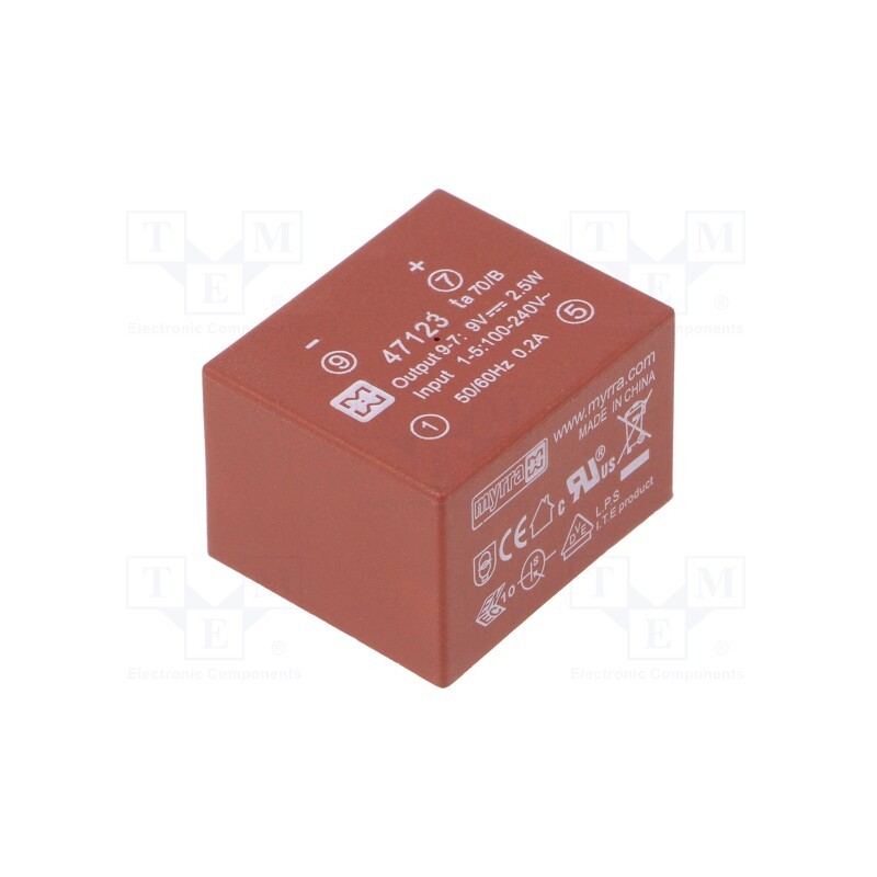 1 pcs x MYRRA - 47123 - Converter: AC/DC, 2.5W, 85÷265VAC, Usup: 120÷370VDC, Uout: 9VDC