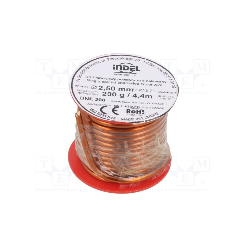 1 rol x INDEL - DNE2,5-200G - Coil wire, single coated enamelled, 2.5mm, 0.2kg, -65÷200°C