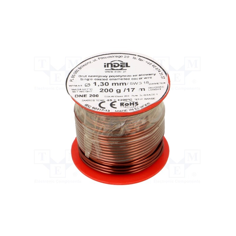 1 rol x INDEL - DNE1,30-200G - Coil wire, single coated enamelled, 1.3mm, 0.2kg, -65÷200°C