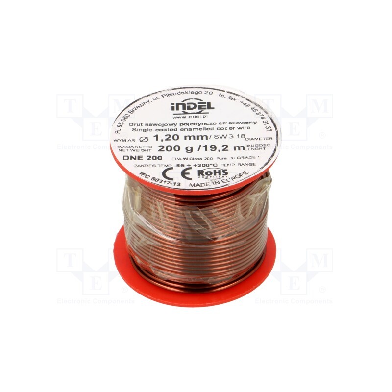 1 rol x INDEL - DNE1,20-200G - Coil wire, single coated enamelled, 1.2mm, 0.2kg, -65÷200°C