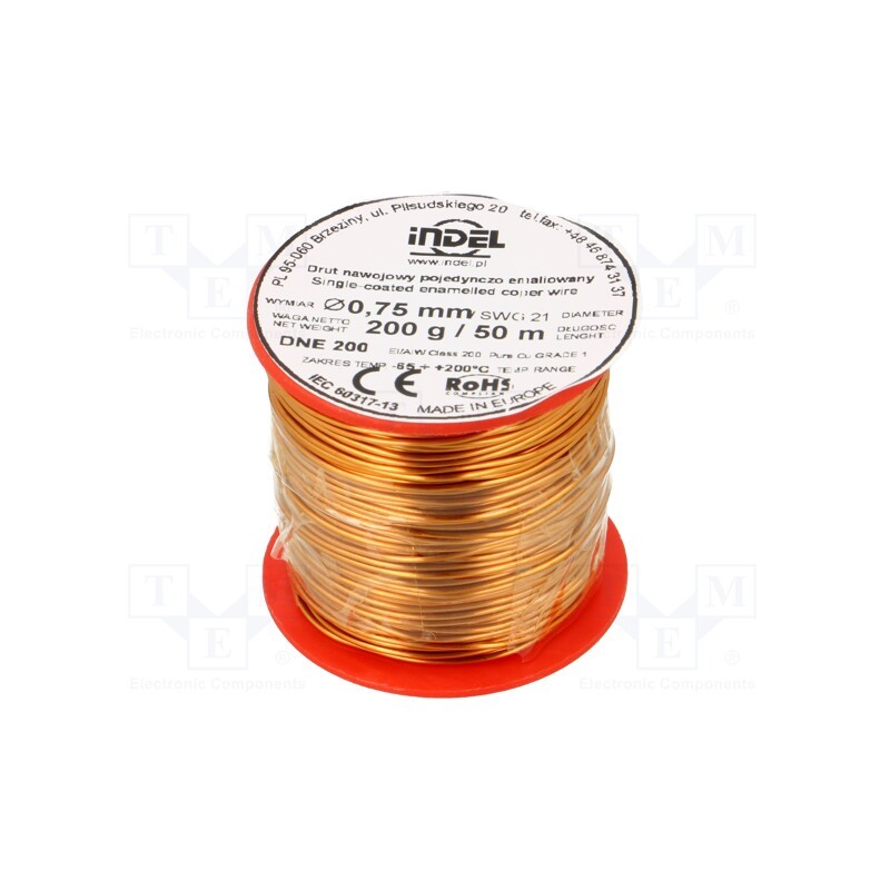 1 rol x INDEL - DNE0,75-200G - Coil wire, single coated enamelled, 0.75mm, 0.2kg, -65÷200°C