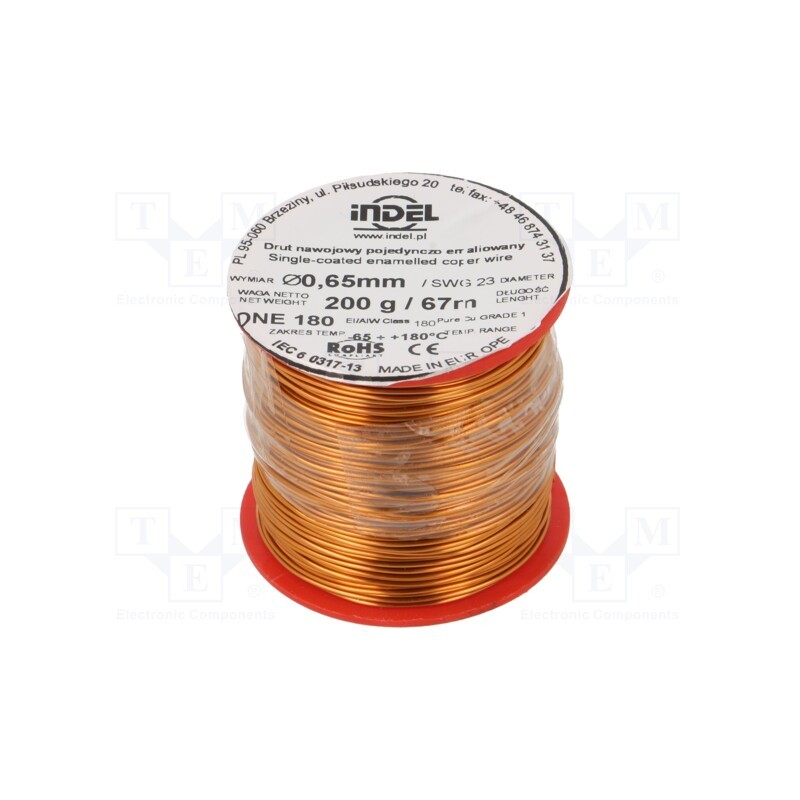 1 rol x INDEL - DNE0,65-200G - Coil wire, single coated enamelled, 0.65mm, 0.2kg, -65÷180°C