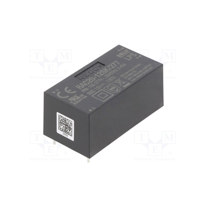 1 pcs x RECOM - RAC20-12SK/277 - Converter: AC/DC, 20W, 85÷305VAC, Usup: 120÷430VDC, Uout: 12VDC