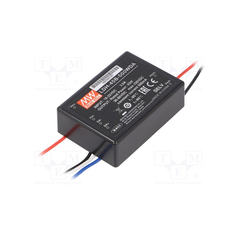1 pcs x MEAN WELL - LDH-45B-500WDA - Converter: DC/DC, 43W, Uin: 18÷32V, Uout: 36÷86VDC, Iin: 2.1A, cables