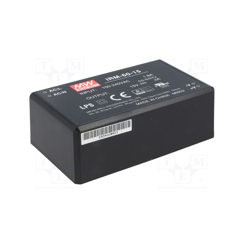 1 pcs x MEAN WELL - IRM-60-15 - Converter: AC/DC, 60W, 85÷264VAC, 15VDC, Iout: 4000mA, OUT: 1, 89%