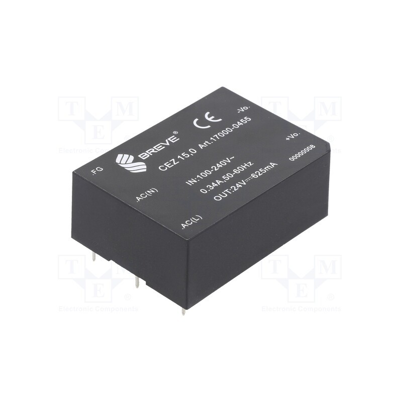 1 pcs x BREVE TUFVASSONS - 17000-0455 - Converter: AC/DC, 15W, 85÷265VAC, Usup: 120÷380VDC, Uout: 24VDC