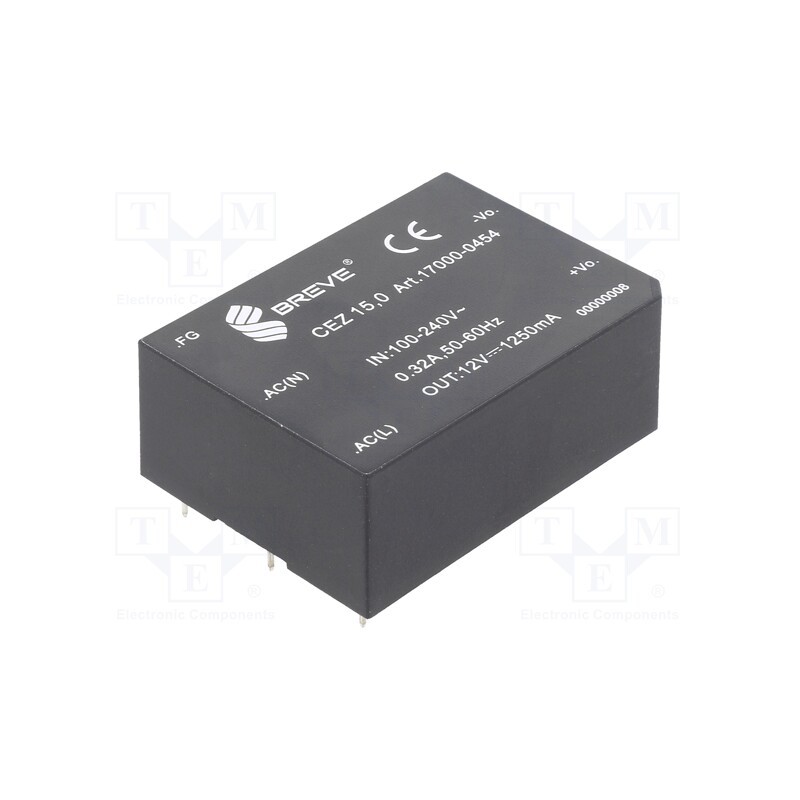 1 pcs x BREVE TUFVASSONS - 17000-0454 - Converter: AC/DC, 15W, 85÷265VAC, Usup: 120÷380VDC, Uout: 12VDC