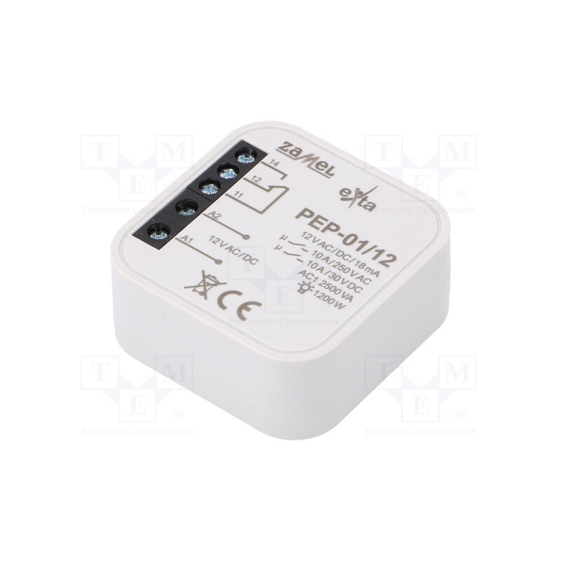 1 pcs x ZAMEL - PEP-01/012 - Relay, flush mount, 12VAC, 12VDC, IP20, -10÷55°C, OUT: 250VAC/10A