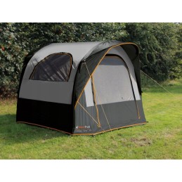 A tent inflatable on the back of an Air Eurotrail cruiser bus