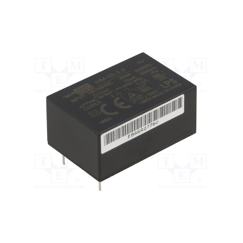 1 pcs x MEAN WELL - IRM-02-3.3 - Converter: AC/DC, 2W, 85÷305VAC, Usup: 120÷430VDC, Uout: 3.3VDC