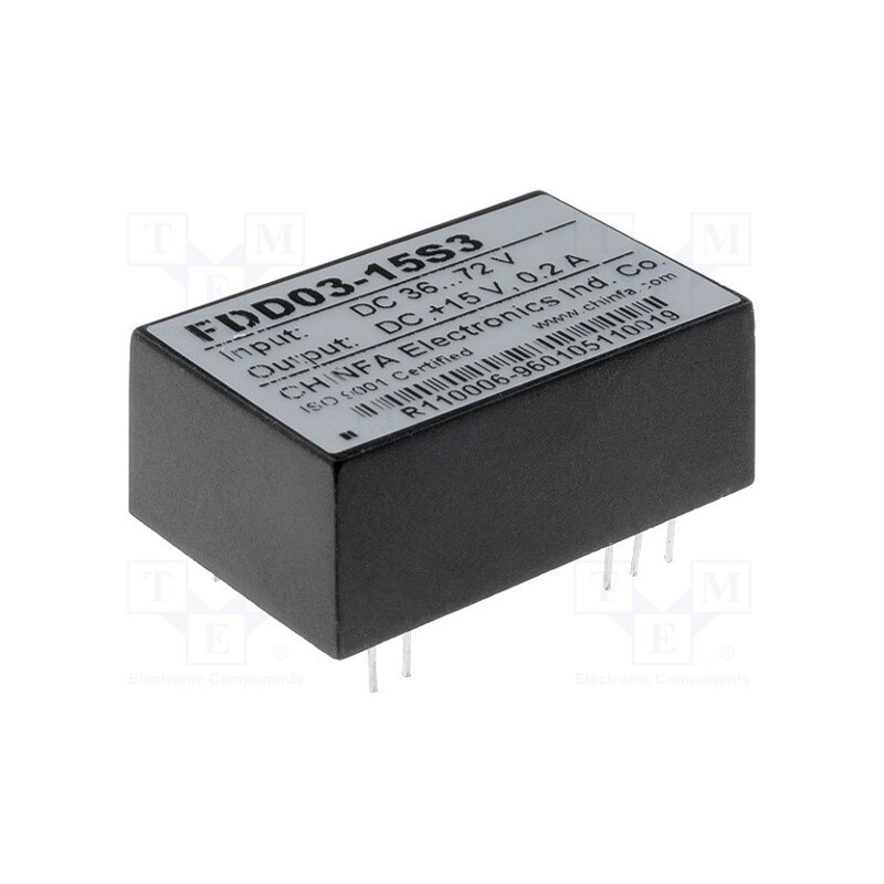 1 pcs x CHINFA ELECTRONICS - FDD03-15S3 - Converter: DC/DC, 3W, Uin: 36÷72V, Uout: 15VDC, Iout: 100mA
